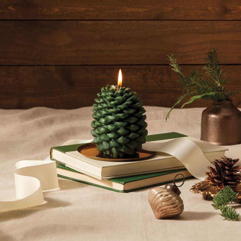 Thymes Frasier Fir Petite Molded Pinecone Candle on Stack of Books image number 1